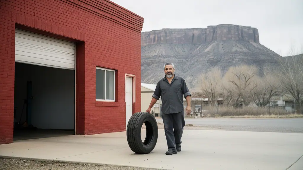 An auto-repair owner rolling a tire across the apron of his brick shop, a flat-topped mesa beyond.